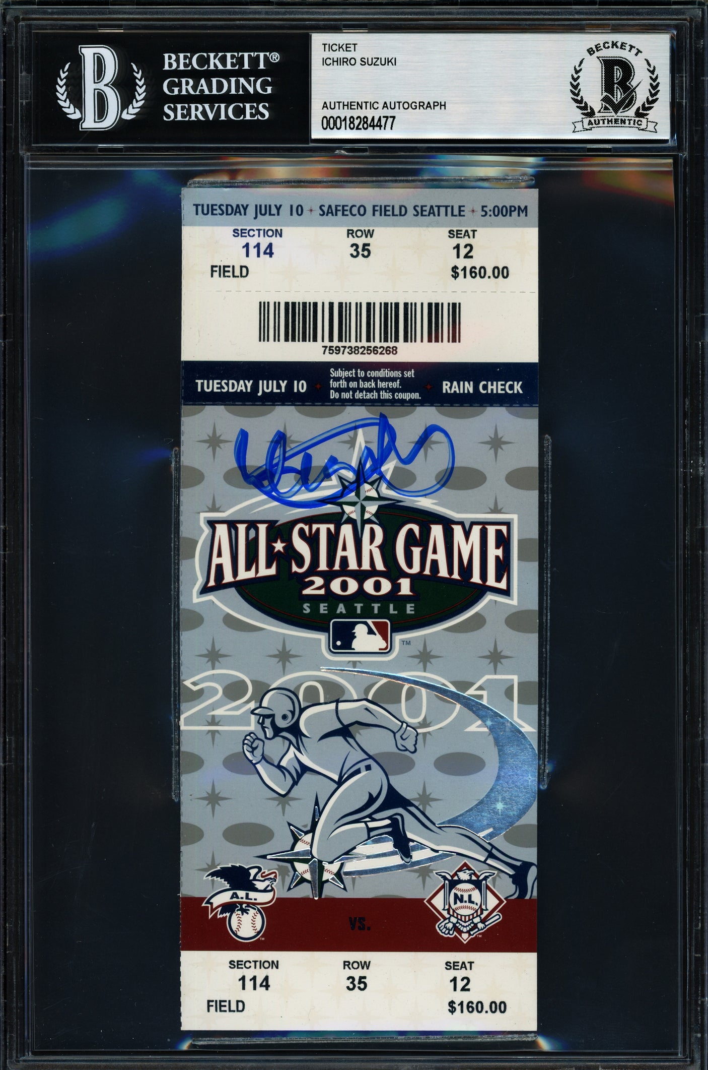Ichiro Suzuki Autographed 2001 All Star Game Ticket Seattle Mariners Beckett BAS #18284477