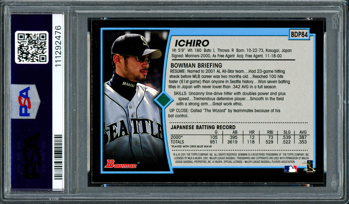 Ichiro Suzuki Autographed 2001 Bowman Draft Picks Rookie Card #84 Seattle Mariners PSA 7 Auto Grade Gem Mint 10 PSA/DNA #111292476