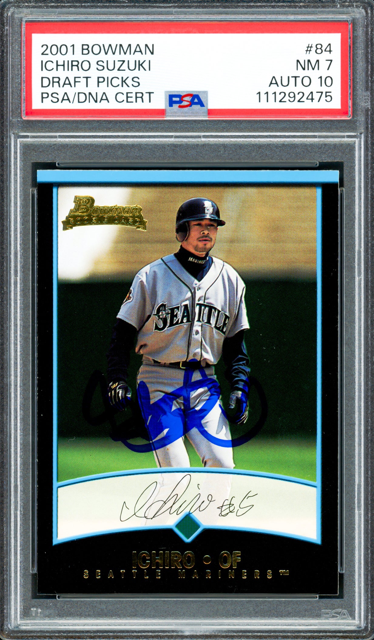 Ichiro Suzuki Autographed 2001 Bowman Draft Picks Rookie Card #84 Seattle Mariners PSA 7 Auto Grade Gem Mint 10 PSA/DNA #111292475