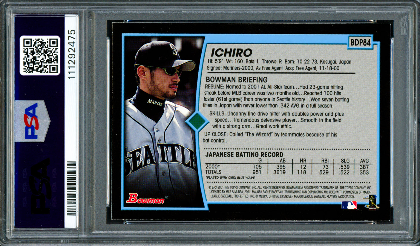 Ichiro Suzuki Autographed 2001 Bowman Draft Picks Rookie Card #84 Seattle Mariners PSA 7 Auto Grade Gem Mint 10 PSA/DNA #111292475