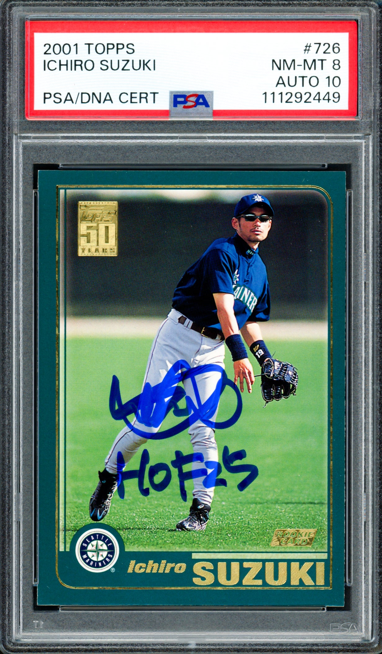 Ichiro Suzuki Autographed 2001 Topps Rookie Card #726 Seattle Mariners PSA 8 Auto Grade Gem Mint 10 "HOF 25" PSA/DNA #111292449