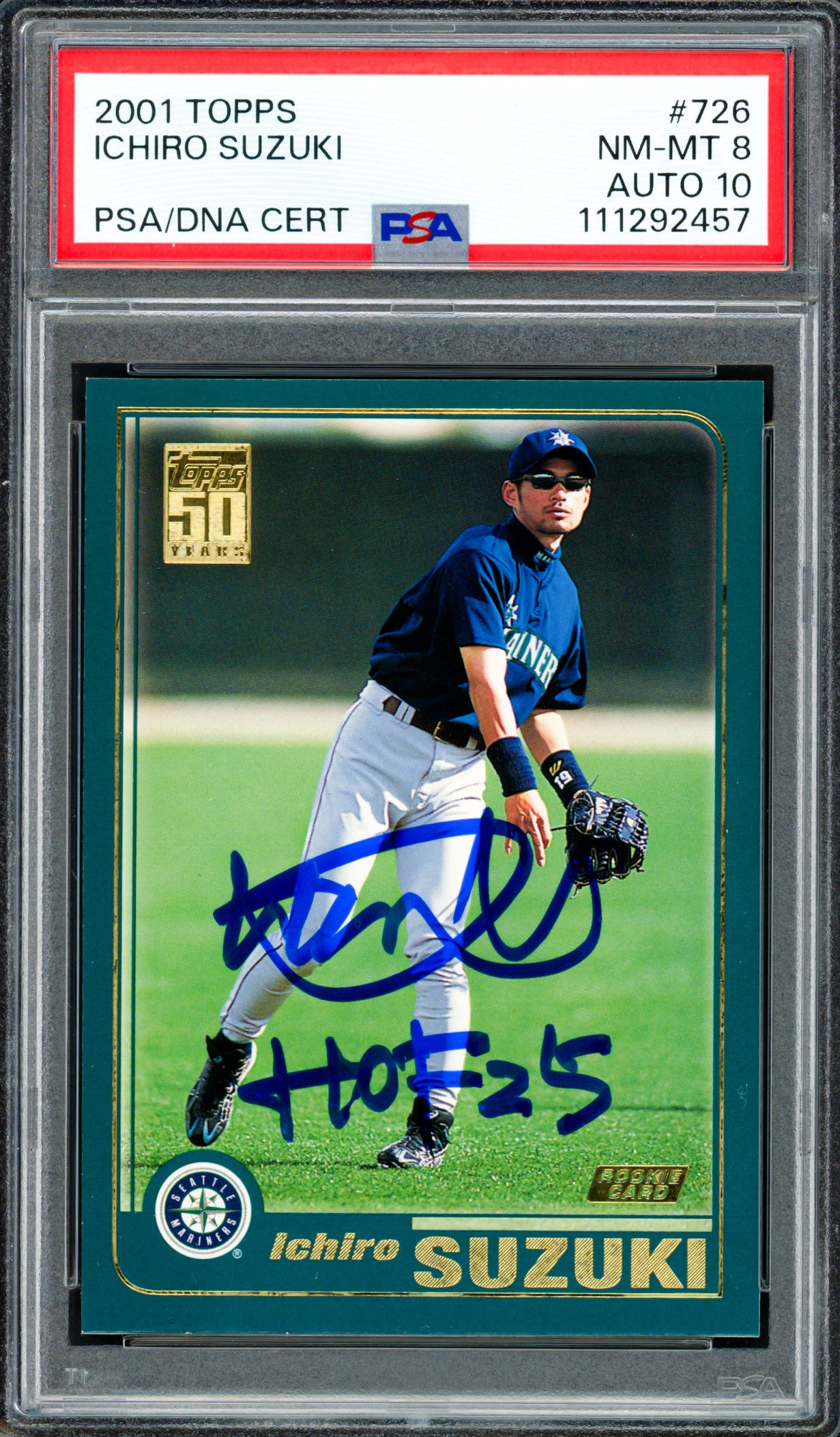 Ichiro Suzuki Autographed 2001 Topps Rookie Card #726 Seattle Mariners PSA 8 Auto Grade Gem Mint 10 "HOF 25" PSA/DNA #111292457