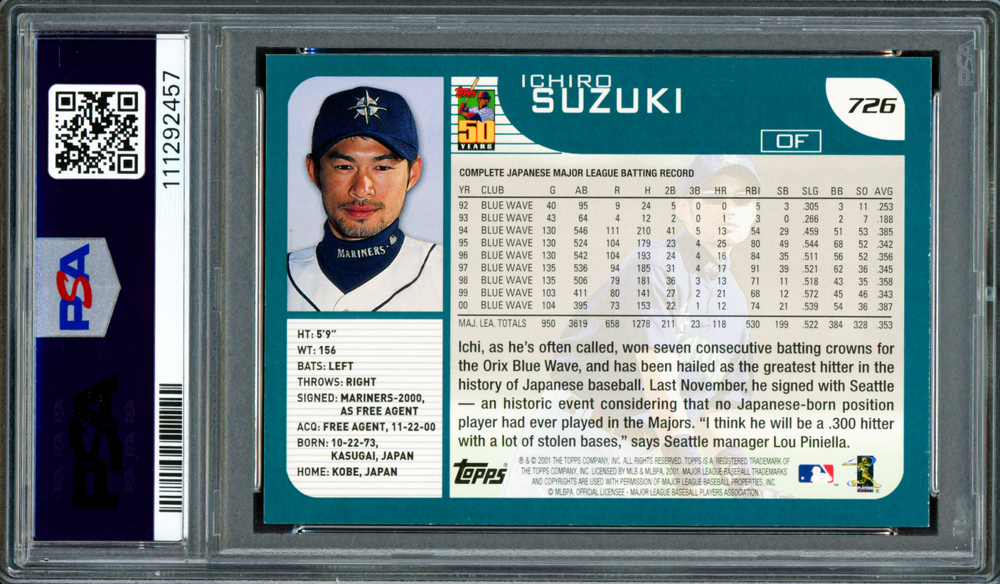 Ichiro Suzuki Autographed 2001 Topps Rookie Card #726 Seattle Mariners PSA 8 Auto Grade Gem Mint 10 "HOF 25" PSA/DNA #111292457