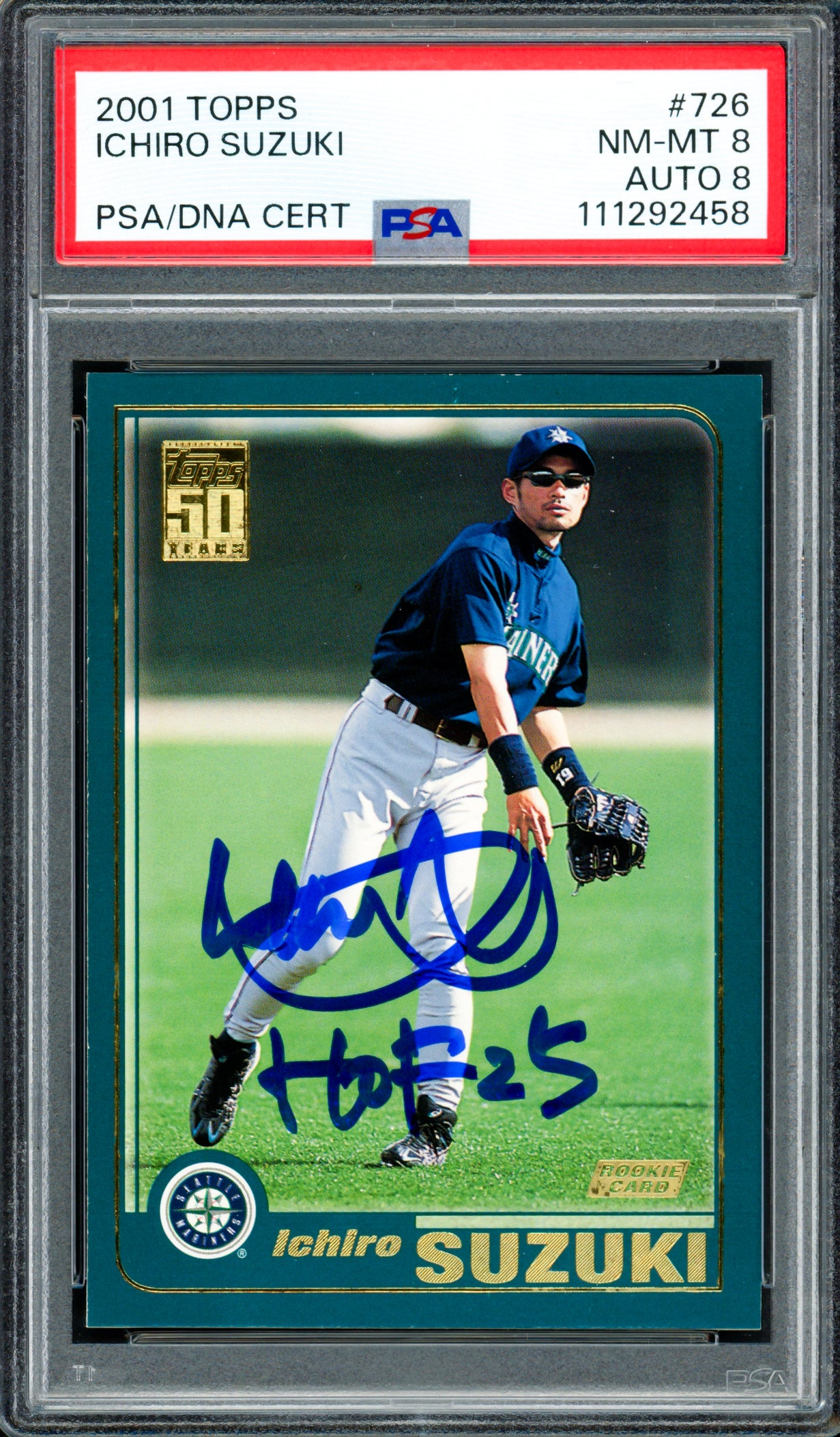 Ichiro Suzuki Autographed 2001 Topps Rookie Card #726 Seattle Mariners PSA 8 Auto Grade Near Mint/Mint 8 "HOF 25" PSA/DNA #111292458