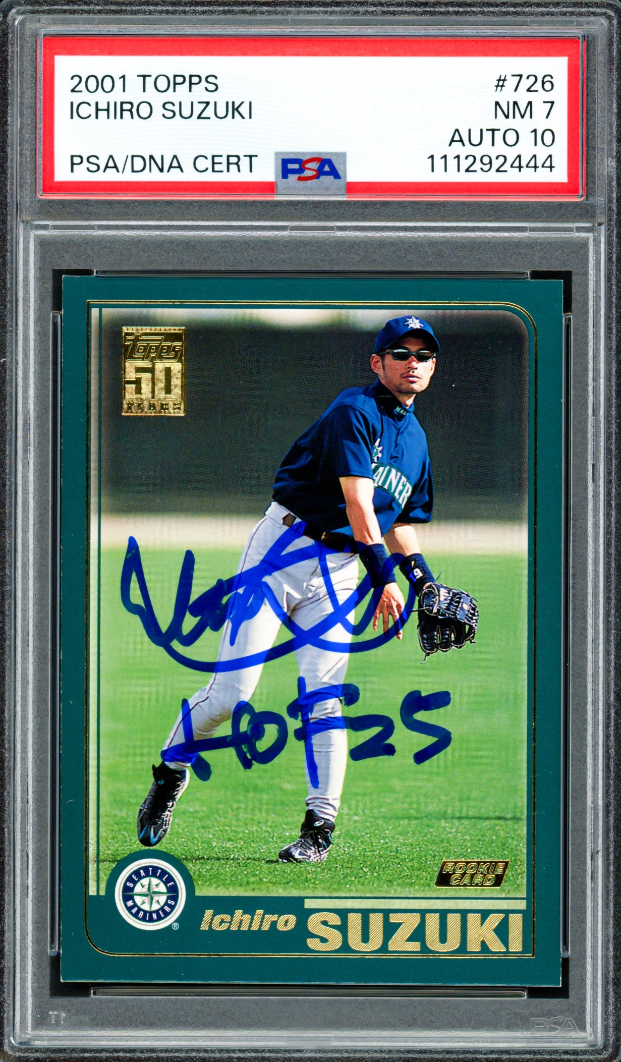 Ichiro Suzuki Autographed 2001 Topps Rookie Card #726 Seattle Mariners PSA 7 Auto Grade Gem Mint 10 "HOF 25" PSA/DNA #111292444