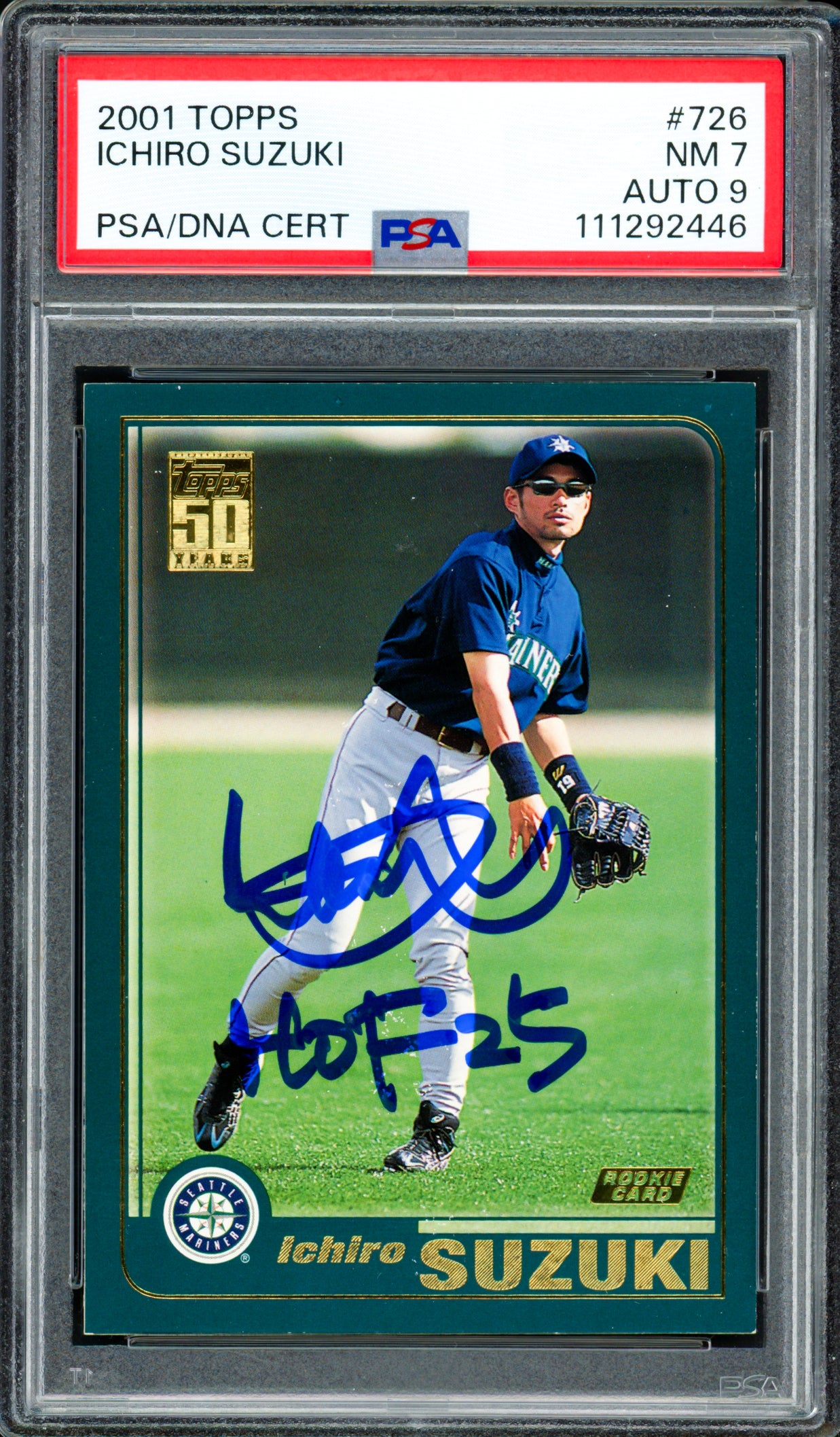 Ichiro Suzuki Autographed 2001 Topps Rookie Card #726 Seattle Mariners PSA 7 Auto Grade Mint 9 "HOF 25" PSA/DNA #111292446