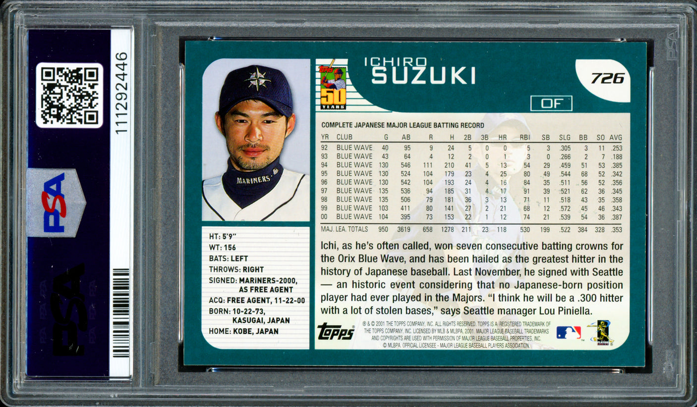 Ichiro Suzuki Autographed 2001 Topps Rookie Card #726 Seattle Mariners PSA 7 Auto Grade Mint 9 "HOF 25" PSA/DNA #111292446