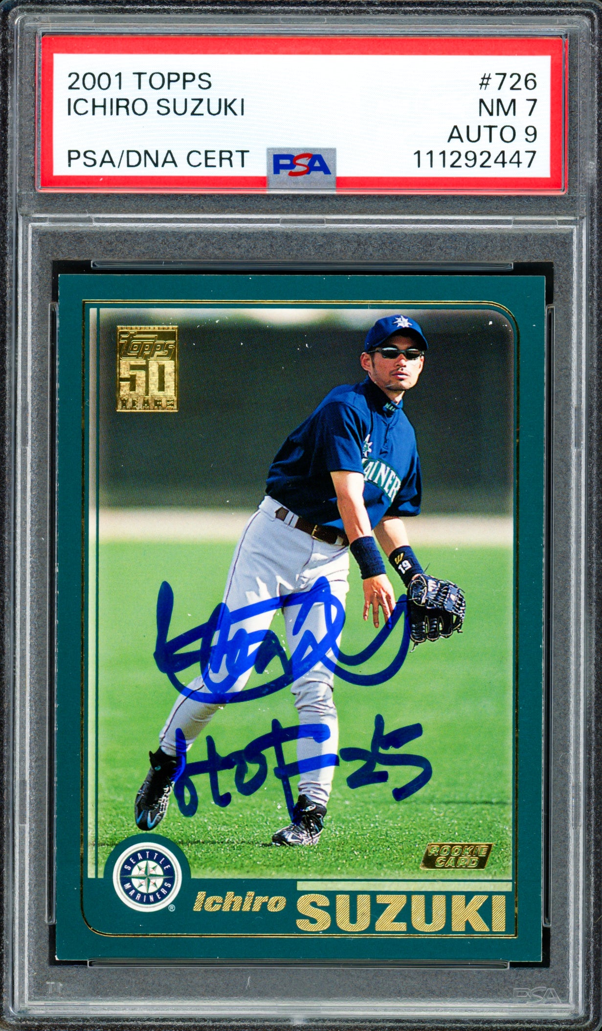 Ichiro Suzuki Autographed 2001 Topps Rookie Card #726 Seattle Mariners PSA 7 Auto Grade Mint 9 "HOF 25" PSA/DNA #111292447