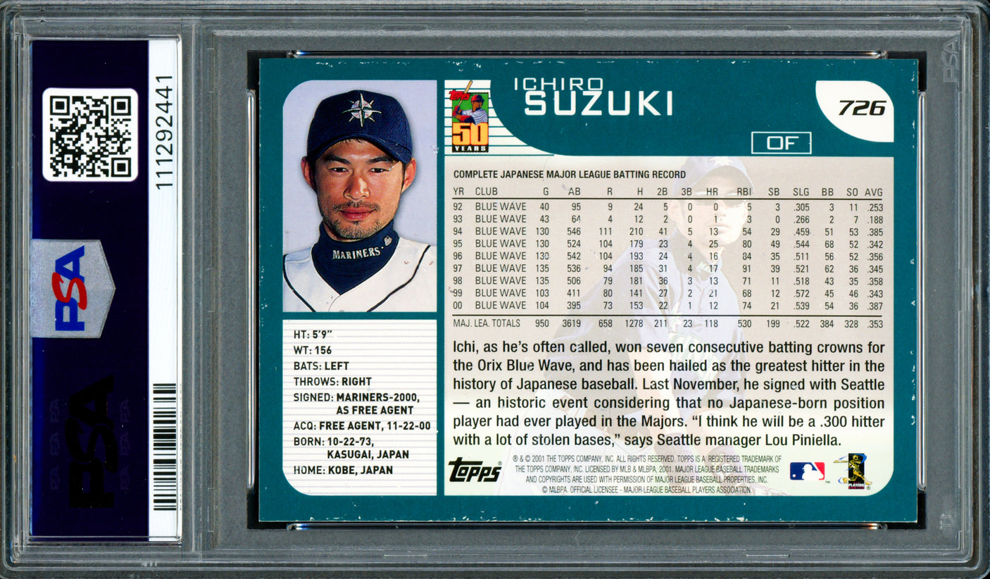Ichiro Suzuki Autographed 2001 Topps Rookie Card #726 Seattle Mariners PSA 6 Auto Grade Gem Mint 10 "HOF 25" PSA/DNA #111292441