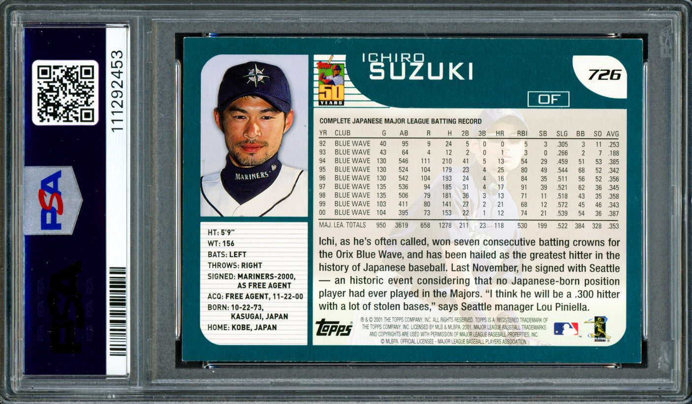 Ichiro Suzuki Autographed 2001 Topps Rookie Card #726 Seattle Mariners PSA 6 Auto Grade Gem Mint 10 "HOF 25" PSA/DNA #111292453