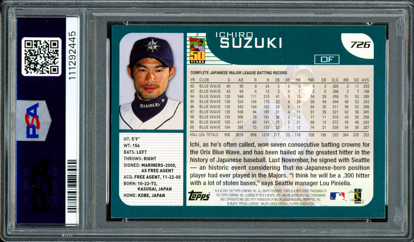 Ichiro Suzuki Autographed 2001 Topps Rookie Card #726 Seattle Mariners PSA 6 Auto Grade Gem Mint 10 "HOF 25" PSA/DNA #111292445