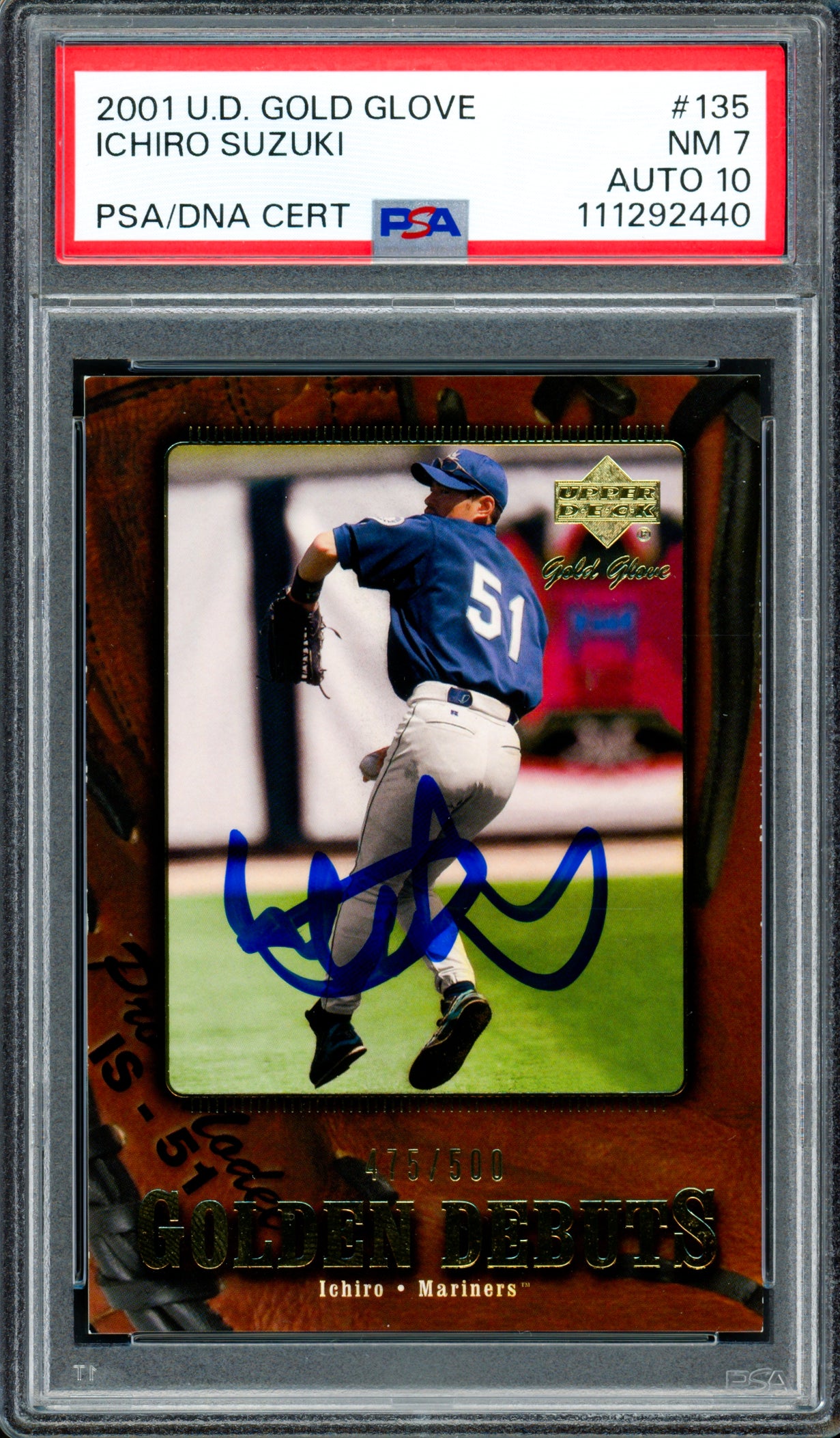 Ichiro Suzuki Autographed 2001 Upper Deck Gold Glove Rookie Card #135 Seattle Mariners PSA 7 Auto Grade Gem Mint 10 #475/500 PSA/DNA #111292440
