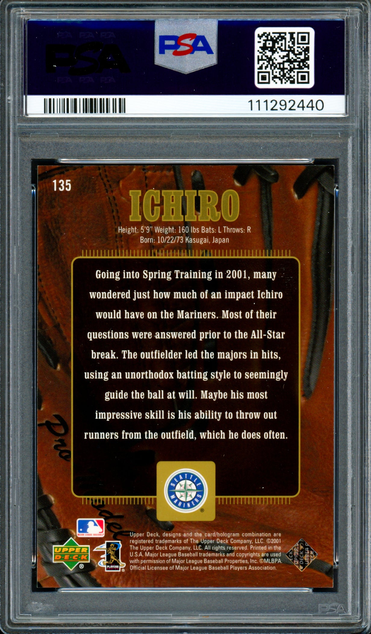 Ichiro Suzuki Autographed 2001 Upper Deck Gold Glove Rookie Card #135 Seattle Mariners PSA 7 Auto Grade Gem Mint 10 #475/500 PSA/DNA #111292440