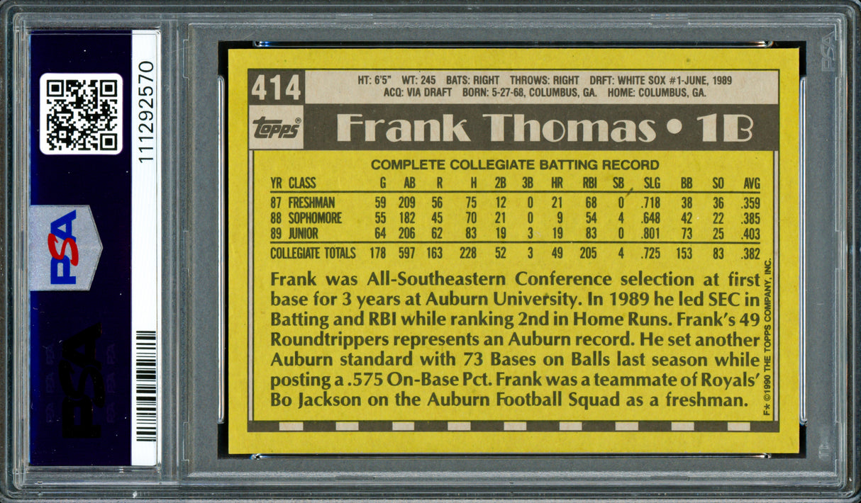Frank Thomas Autographed 1990 Topps Rookie Card #414 Chicago White Sox PSA 10 Auto Grade Gem Mint 10 PSA/DNA #111292570