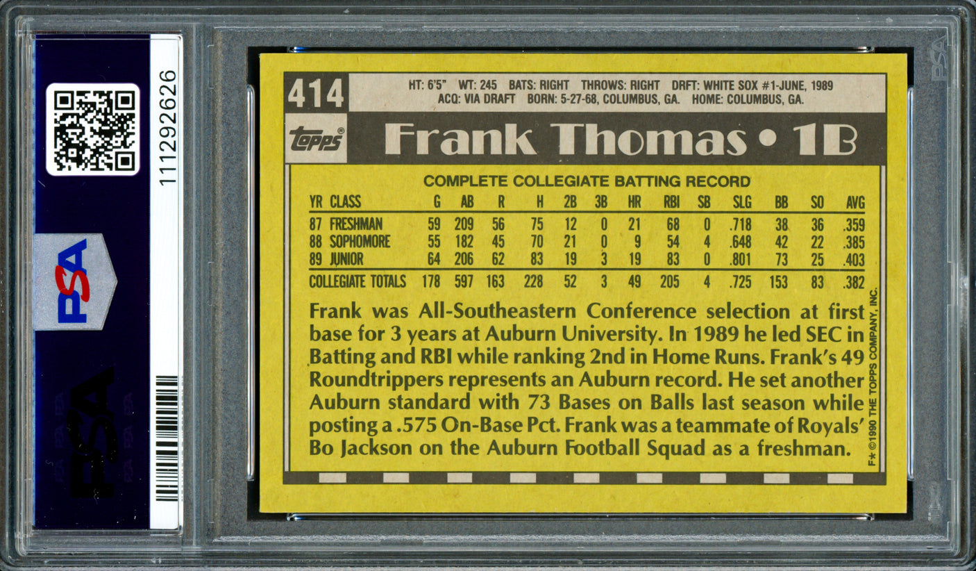 Frank Thomas Autographed 1990 Topps Rookie Card #414 Chicago White Sox PSA 8 Auto Grade Mint 9 PSA/DNA #111292626