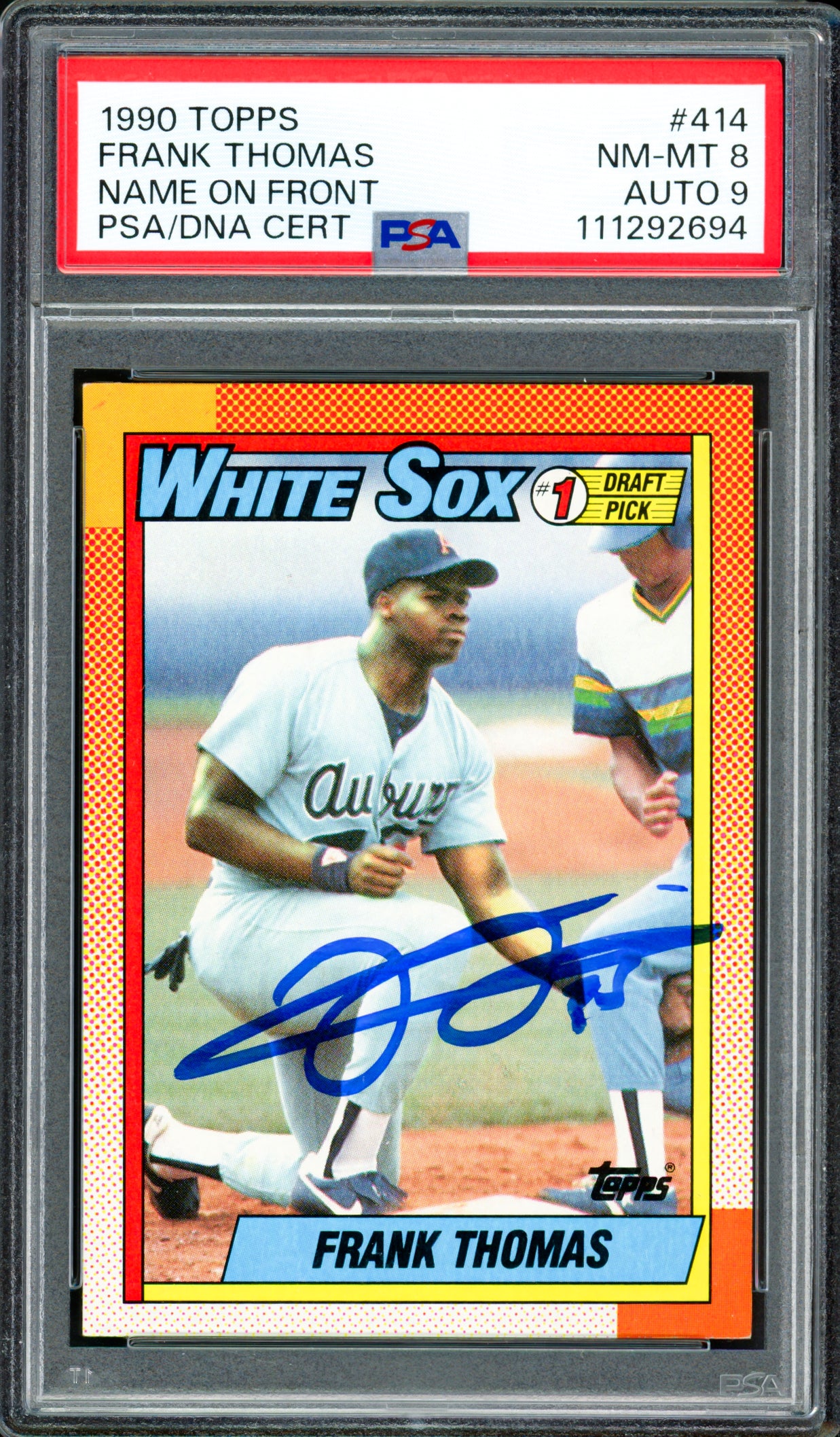 Frank Thomas Autographed 1990 Topps Rookie Card #414 Chicago White Sox PSA 8 Auto Grade Mint 9 PSA/DNA #111292694