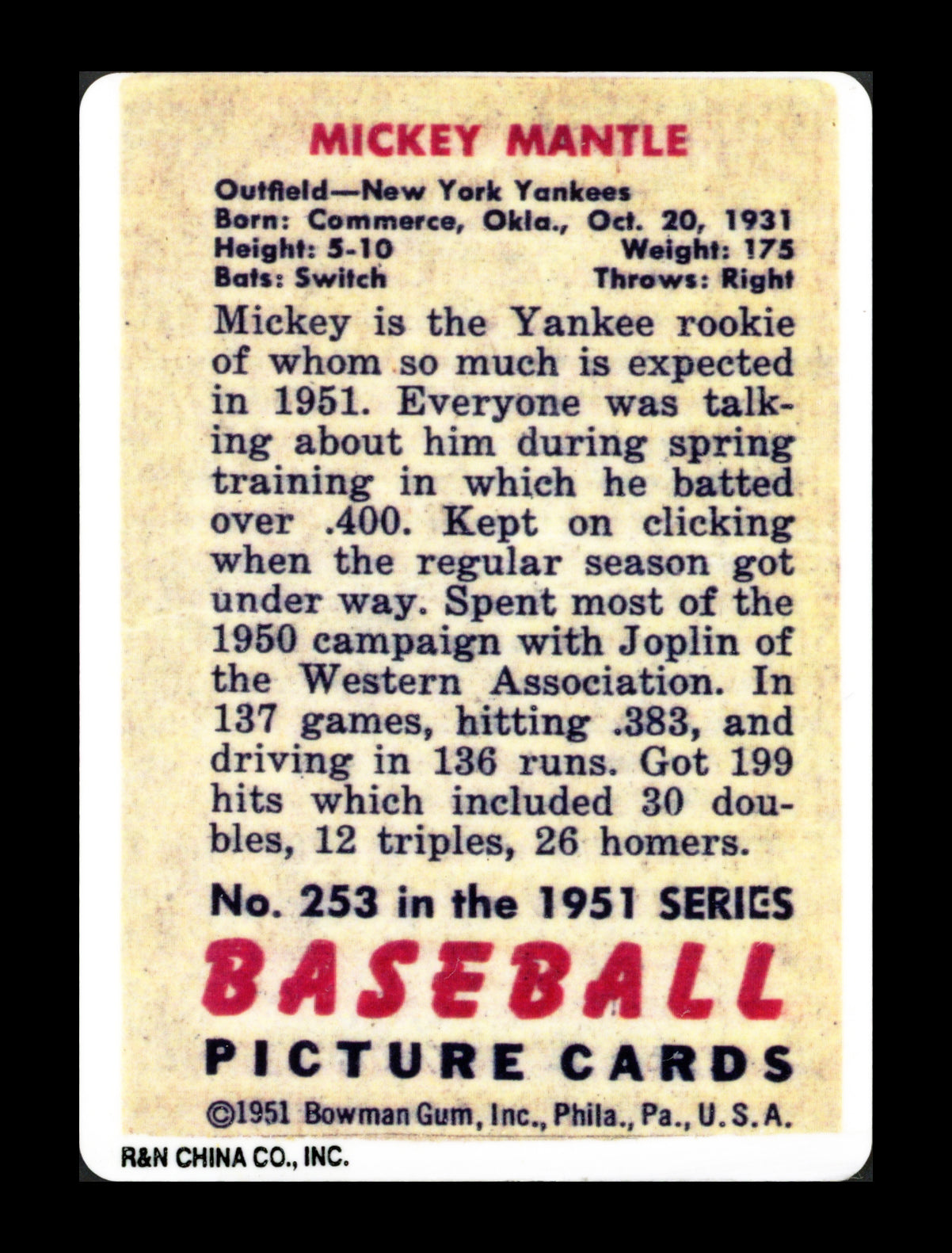 Mickey Mantle Autographed 1951 Bowman Porcelain Rookie Card New York Yankees Auto Grade Near Mint/Mint 8 PSA/DNA #AR06113