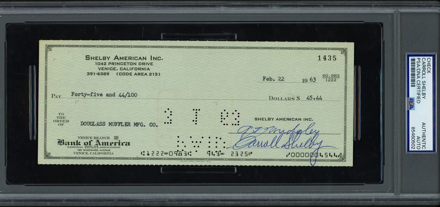 Carroll Shelby Autographed 3.5x8.5 Check From 1963 AC Cobra & Ford Mustang GT40 PSA/DNA #85460502