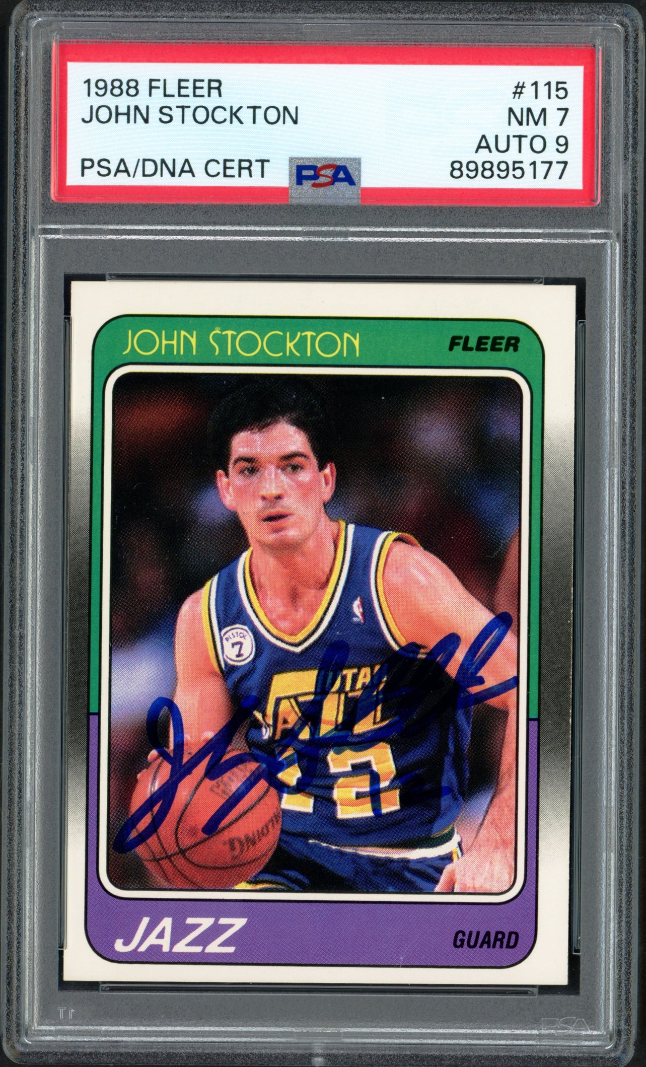 John Stockton Autographed 1988 Fleer Rookie Card #115 Utah Jazz PSA 7 Auto Grade Mint 9 PSA/DNA #89895177