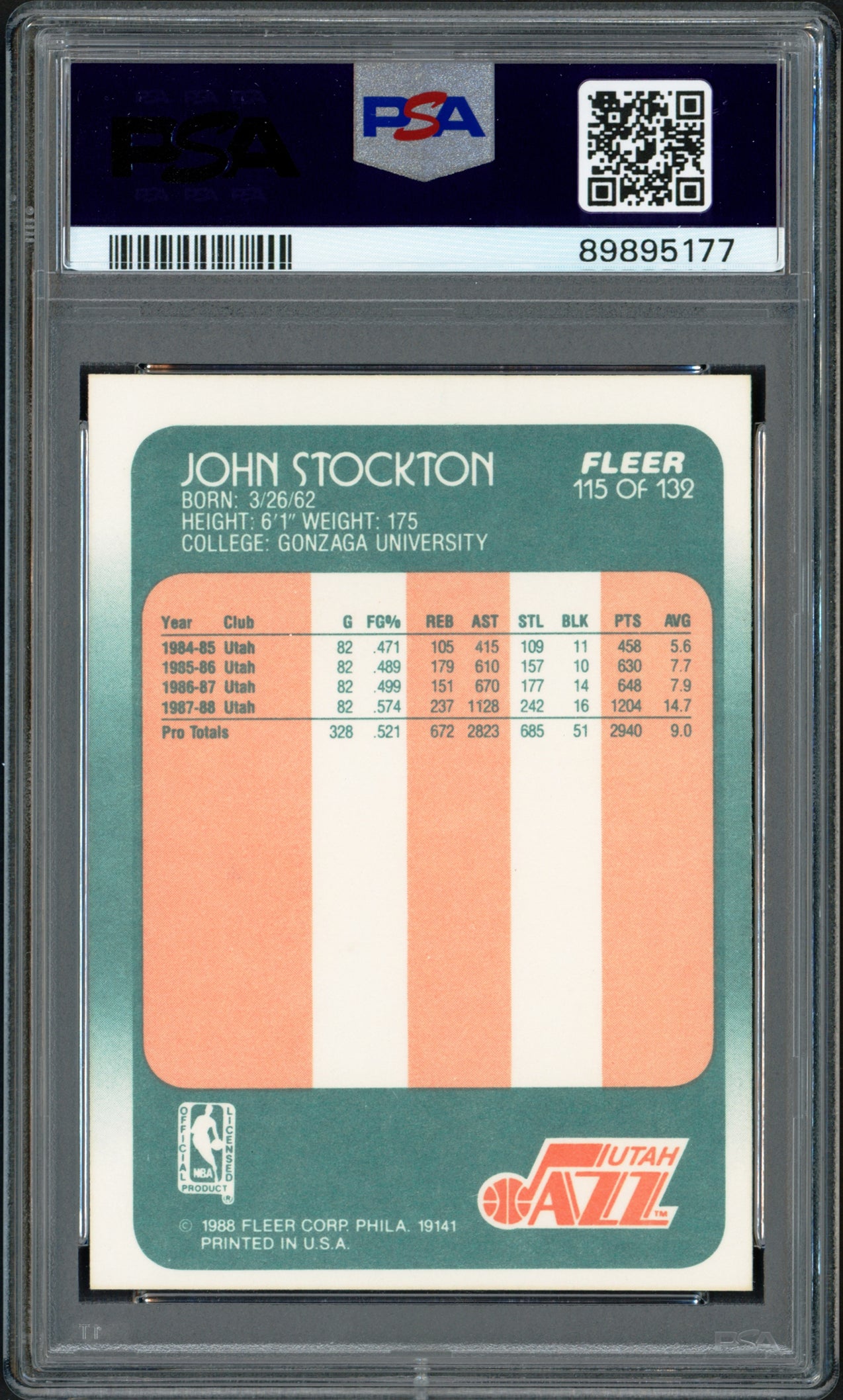 John Stockton Autographed 1988 Fleer Rookie Card #115 Utah Jazz PSA 7 Auto Grade Mint 9 PSA/DNA #89895177