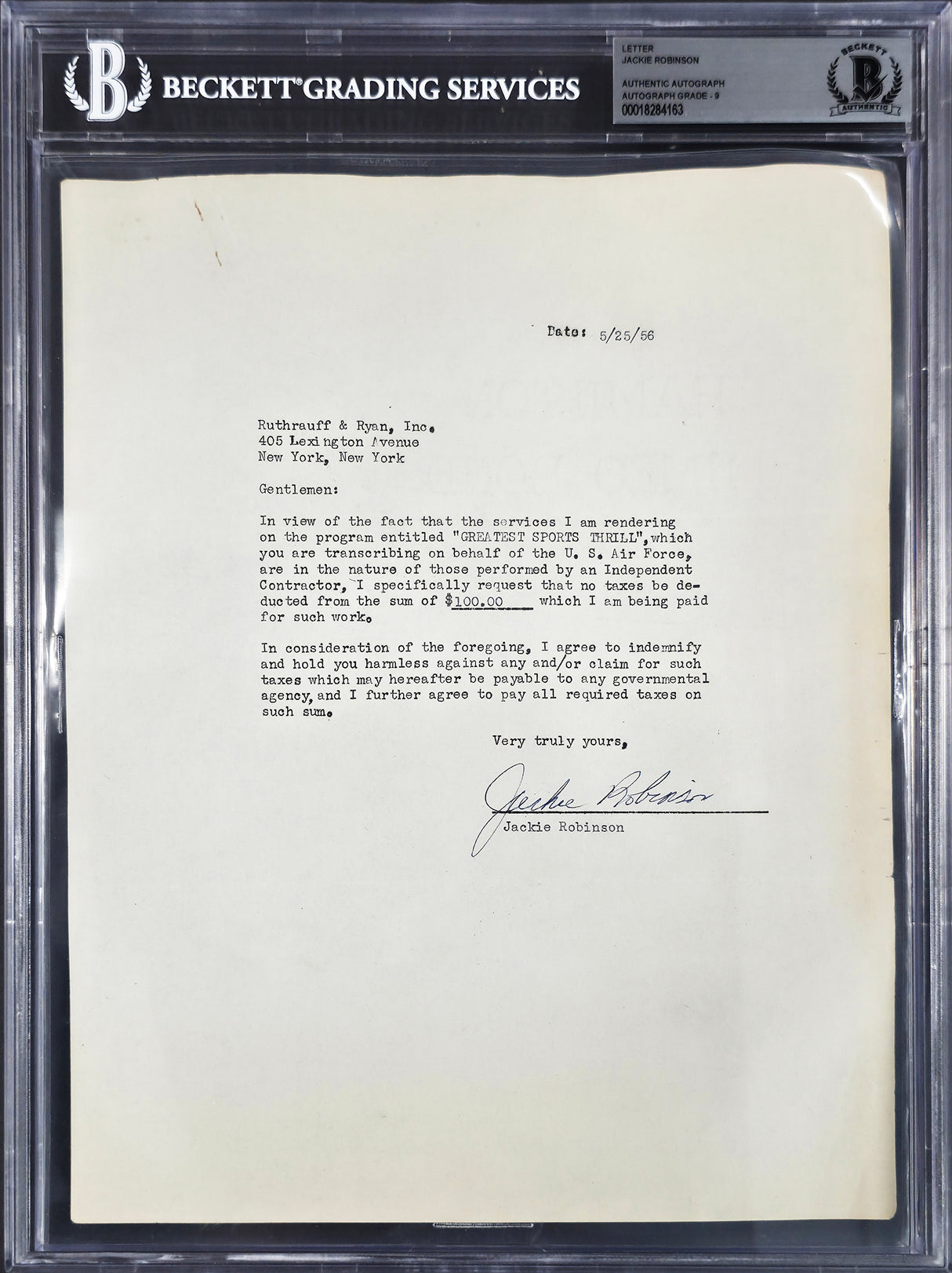 Jackie Robinson Autographed 1956 Greatest Sports Thrill Contract Brooklyn Dodgers Auto Grade Mint 9 Beckett BAS #18284163