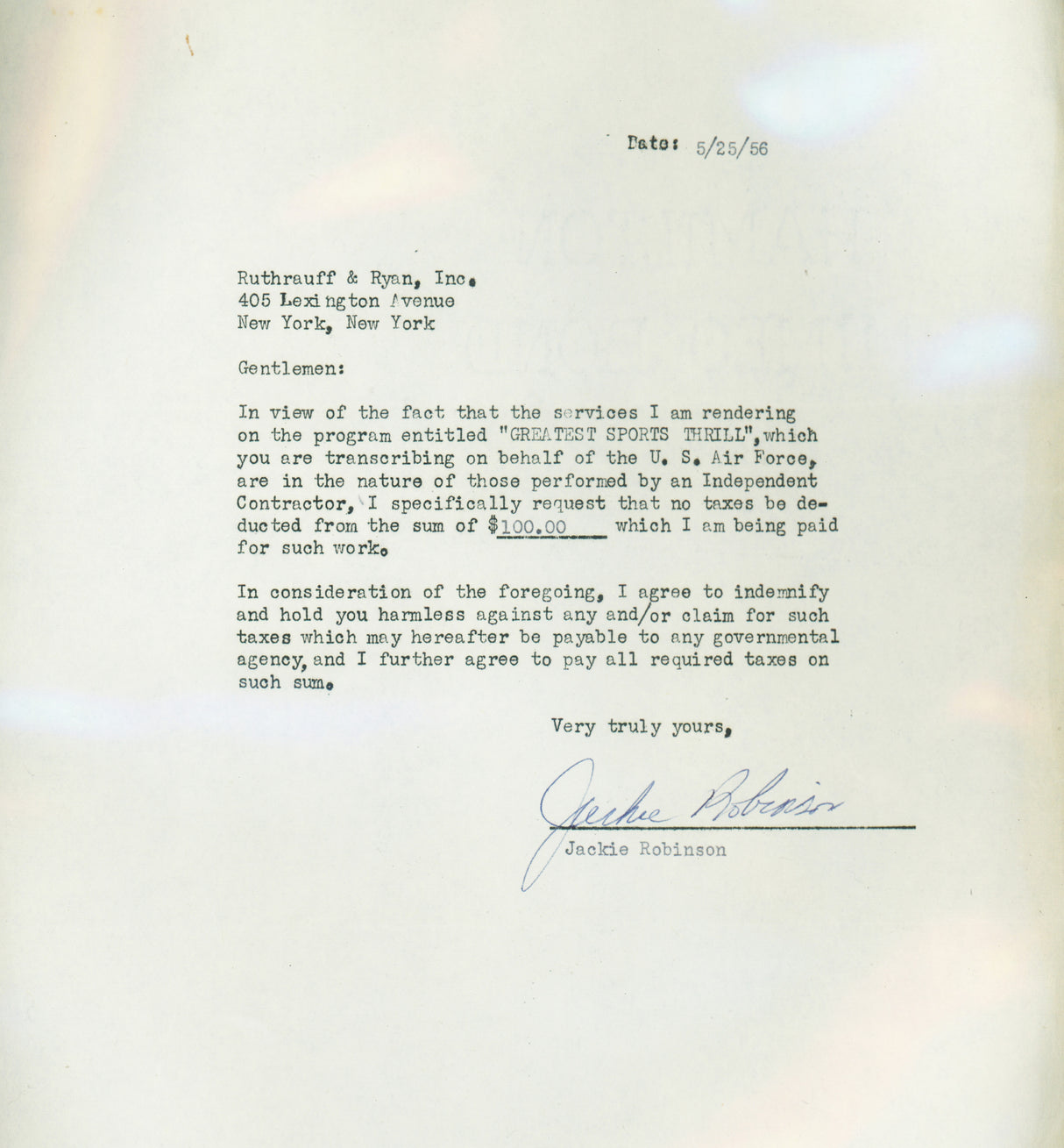 Jackie Robinson Autographed 1956 Greatest Sports Thrill Contract Brooklyn Dodgers Auto Grade Mint 9 Beckett BAS #18284163
