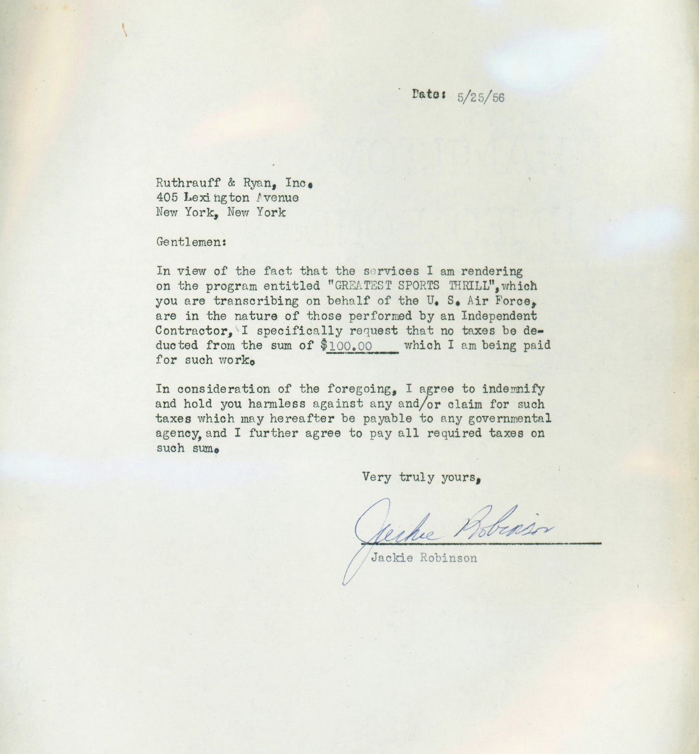 Jackie Robinson Autographed 1956 Greatest Sports Thrill Contract Brooklyn Dodgers Auto Grade Mint 9 Beckett BAS #18284163