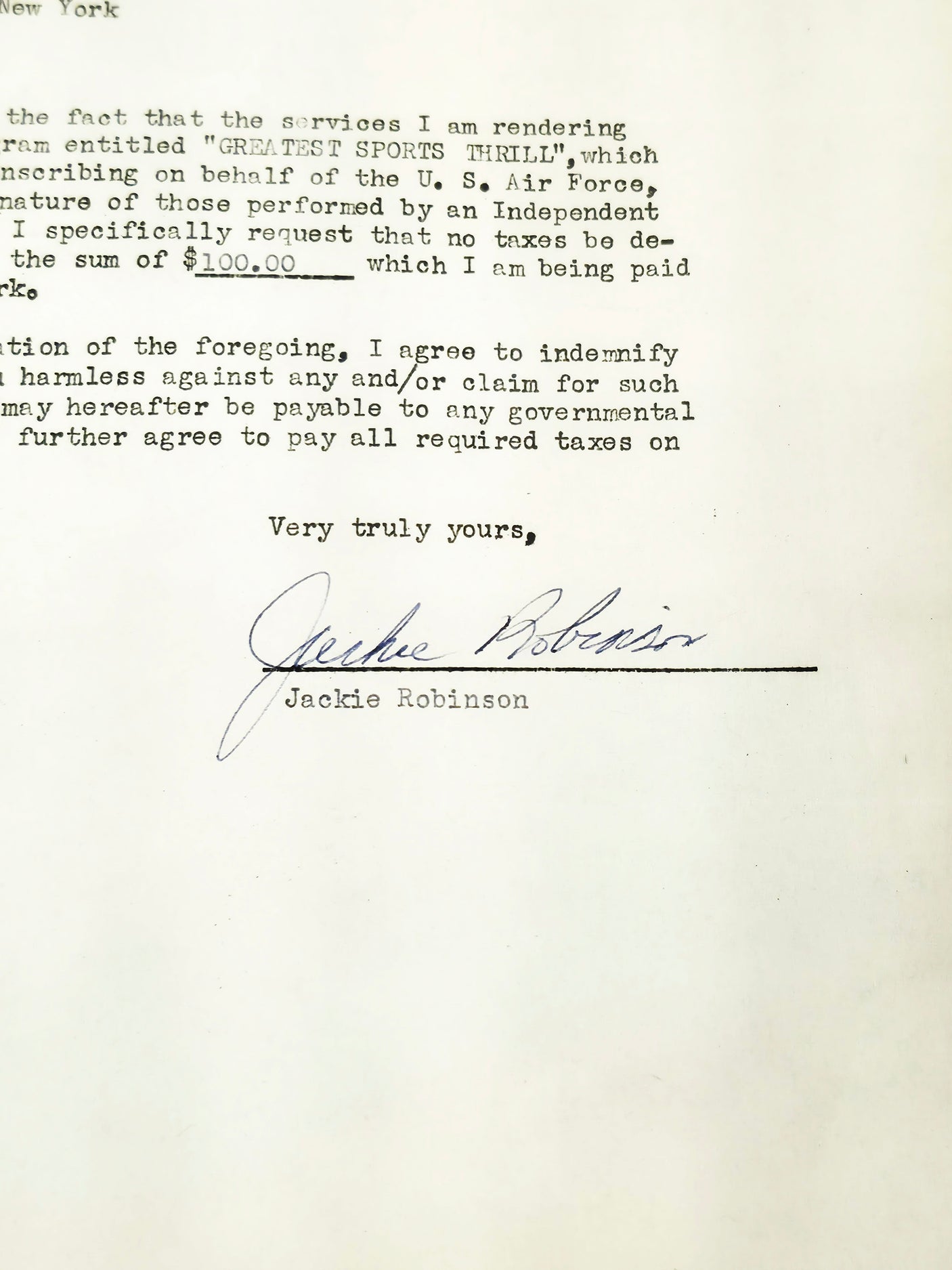 Jackie Robinson Autographed 1956 Greatest Sports Thrill Contract Brooklyn Dodgers Auto Grade Mint 9 Beckett BAS #18284163