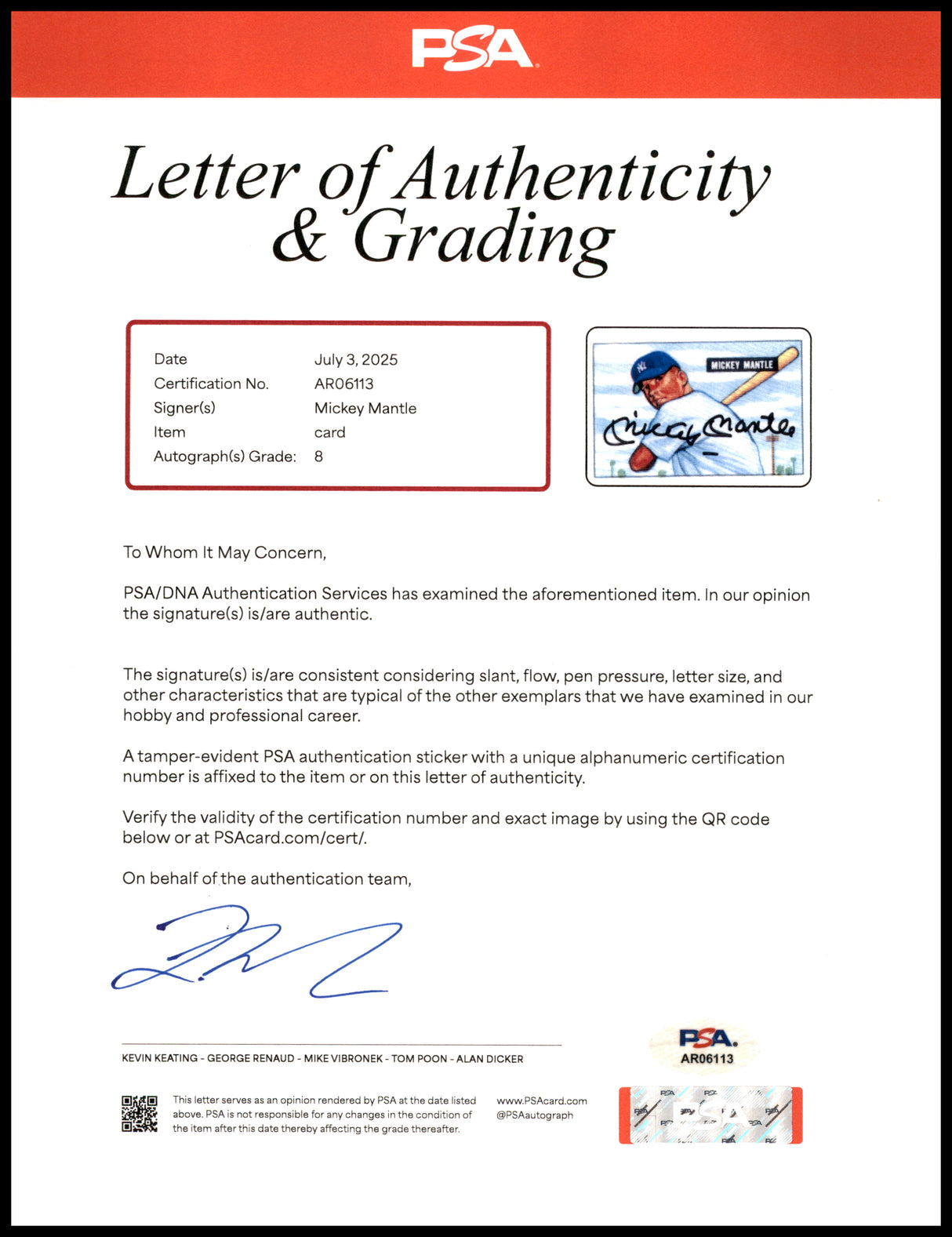 Mickey Mantle Autographed 1951 Bowman Porcelain Rookie Card New York Yankees Auto Grade Near Mint/Mint 8 PSA/DNA #AR06113