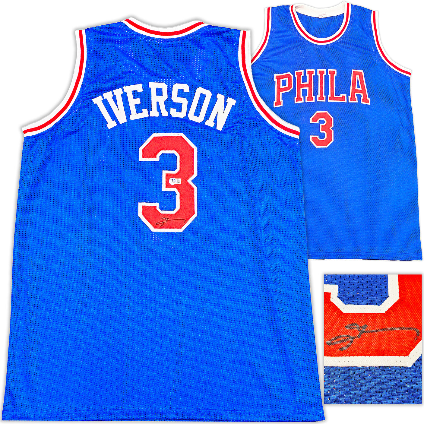 Philadelphia 76ers Allen Iverson Autographed Blue Jersey Beckett BAS Witness Stock #233364