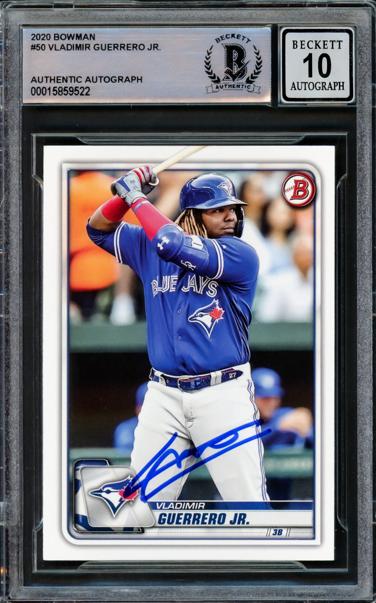 Vladimir Guerrero Jr. Autographed 2020 Bowman Card #50 Toronto Blue Jays Auto Grade Gem Mint 10 Beckett BAS Stock #218650