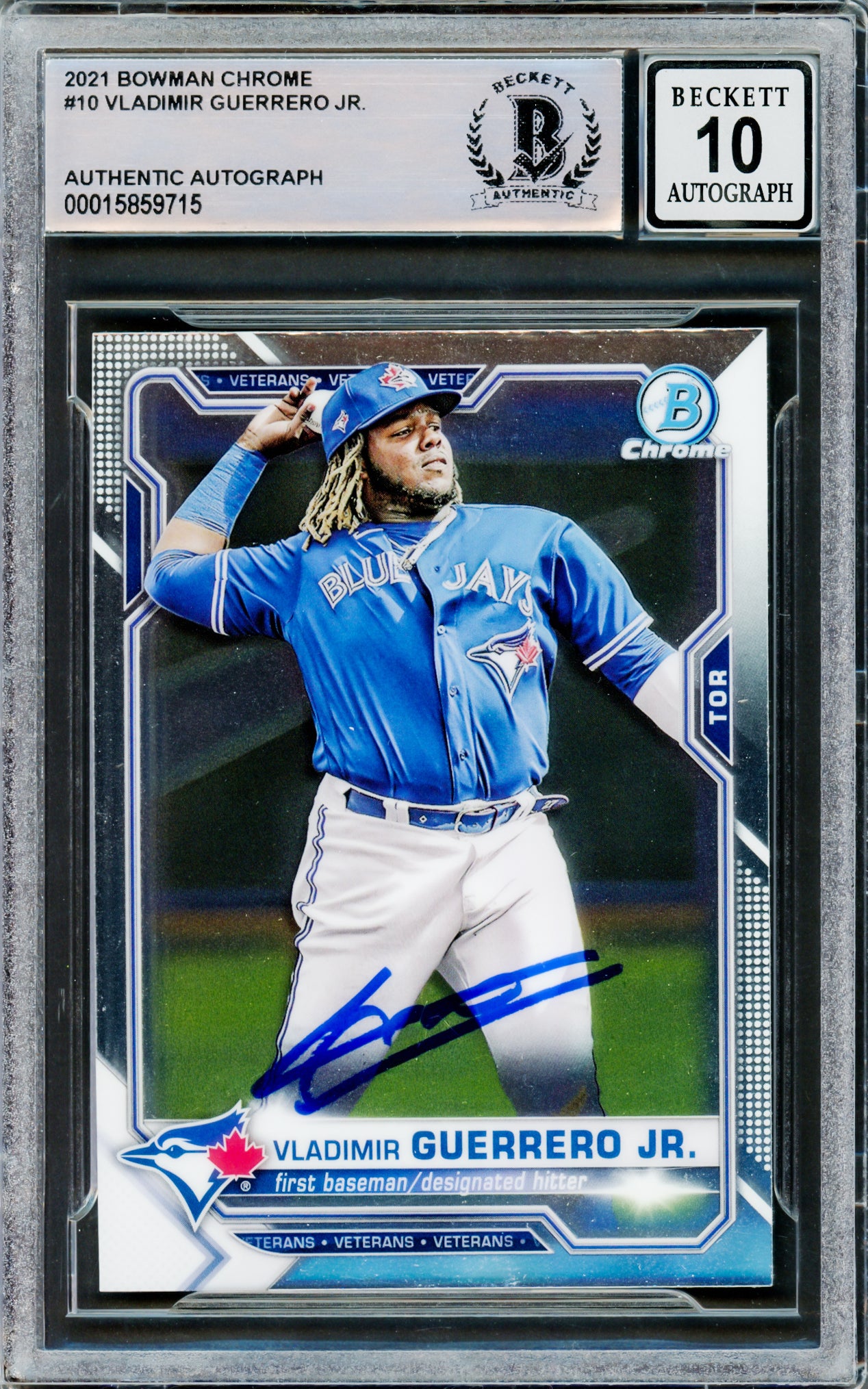 Vladimir Guerrero Jr. Autographed 2021 Bowman Chrome Card #10 Toronto Blue Jays Auto Grade Gem Mint 10 Beckett BAS Stock #218652