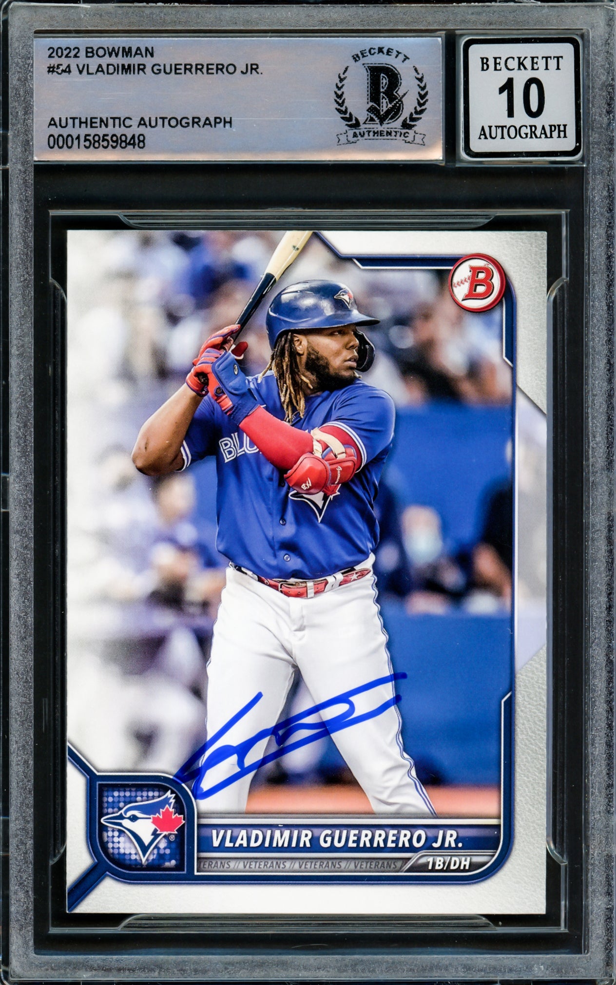 Vladimir Guerrero Jr. Autographed 2022 Bowman Card #54 Toronto Blue Jays Auto Grade Gem Mint 10 Beckett BAS Stock #218655