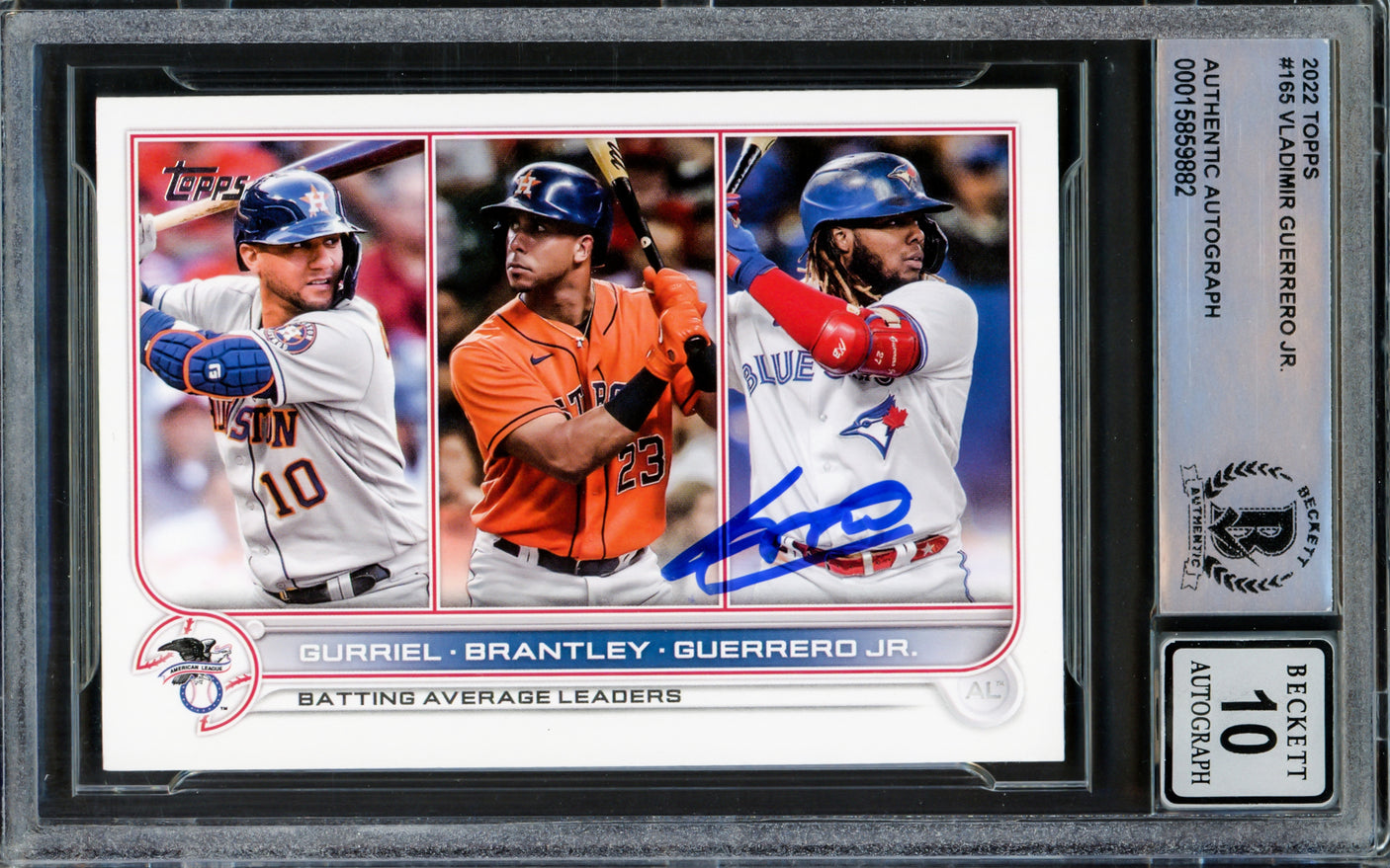 Vladimir Guerrero Jr. Autographed 2022 Topps Card #165 Toronto Blue Jays Auto Grade Gem Mint 10 Beckett BAS Stock #218659