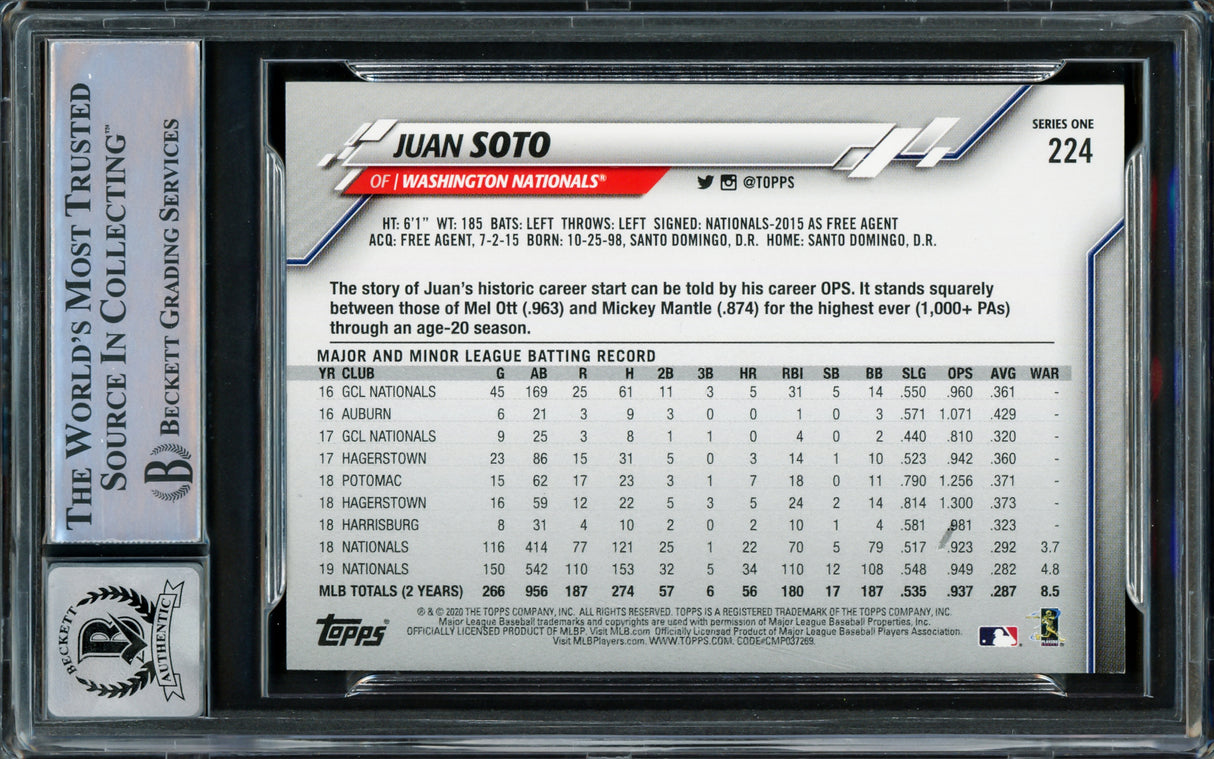 Juan Soto Autographed 2020 Topps Card #224 New York Mets Auto Grade Gem Mint 10 Beckett BAS Stock #218668