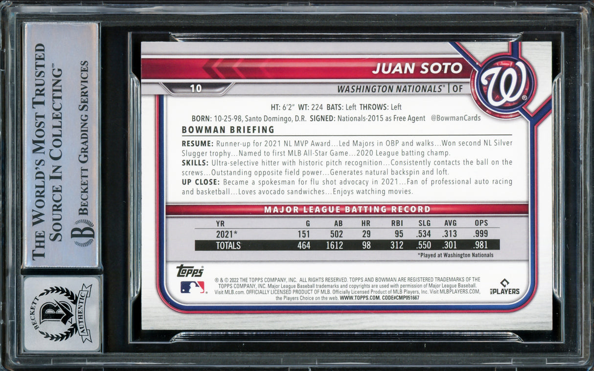 Juan Soto Autographed 2022 Bowman Card #10 New York Mets Auto Grade Gem Mint 10 Beckett BAS Stock #218673