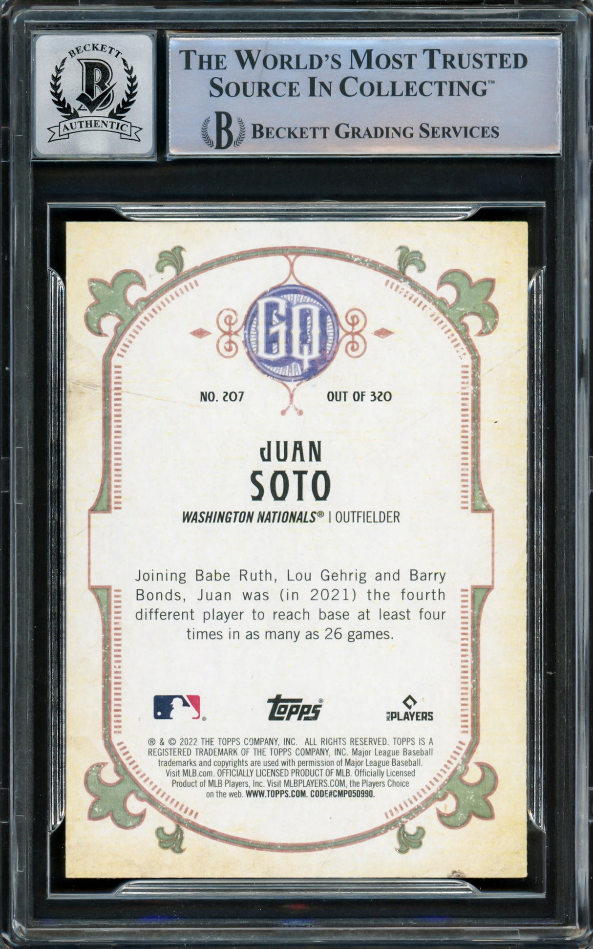 Juan Soto Autographed 2022 Topps Gypsy Queen Card #207 New York Mets Auto Grade Gem Mint 10 Beckett BAS Stock #218675