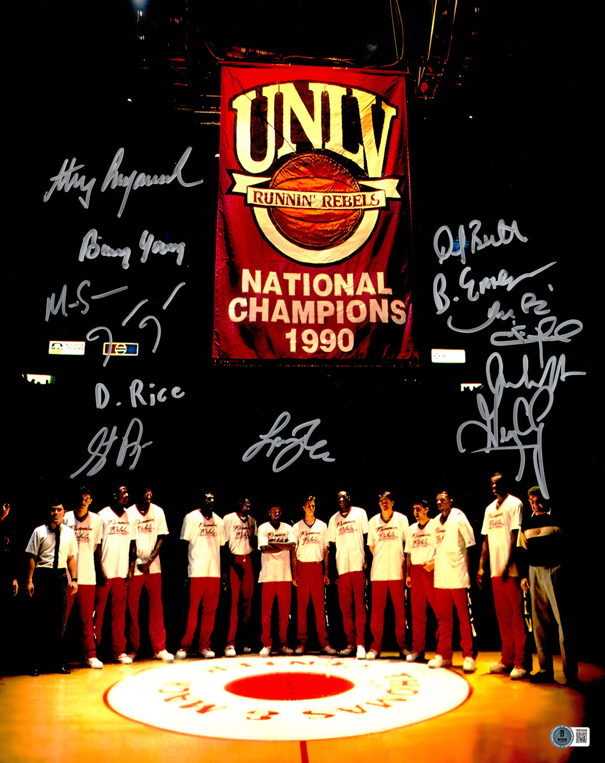 1990 NCAA Champions UNLV Runnin Rebels Autographed 16x20 Photo With 13 Signatures Including Larry Johnson Beckett BAS Witness Stock #233682