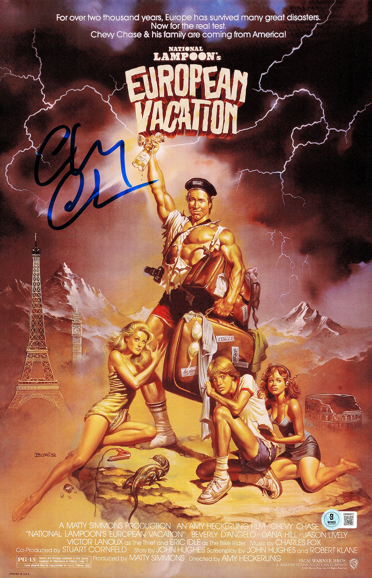 Chevy Chase Autographed 11x17 European Vacation Movie Poster Beckett BAS Witness Stock #233723