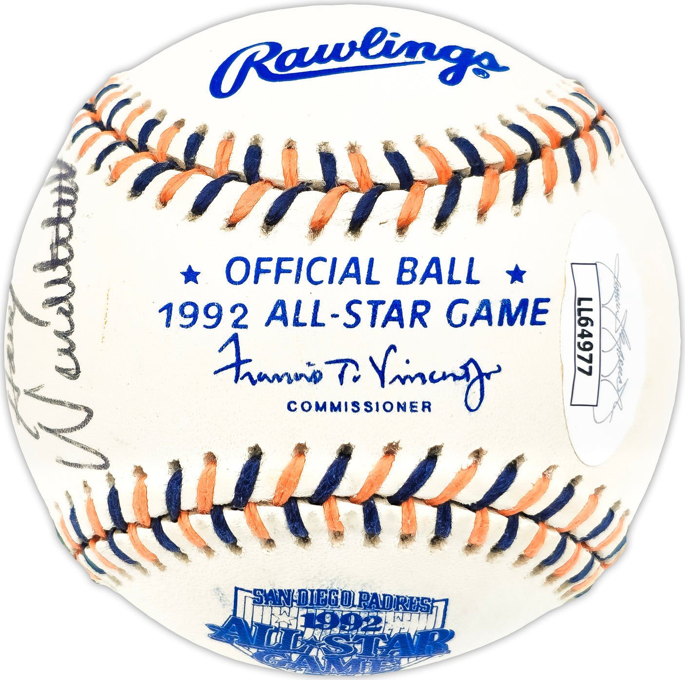 1992 MLB All Star Game Umpires Autographed Official 1992 All Star Game Logo MLB Baseball With 5 Signatures Including Doug Harvey JSA #LL64977