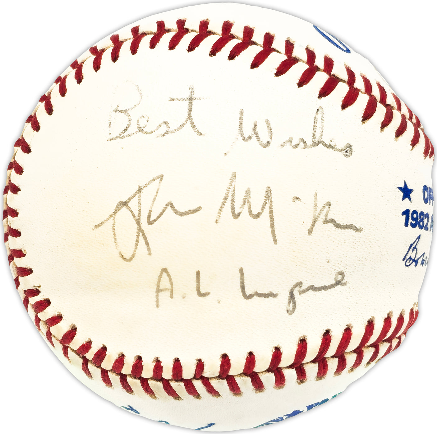 1982 All Star Umpires Autographed Official 1982 All Star Game Logo MLB Baseball With 6 Signatures Including Doug Harvey JSA #LL64979