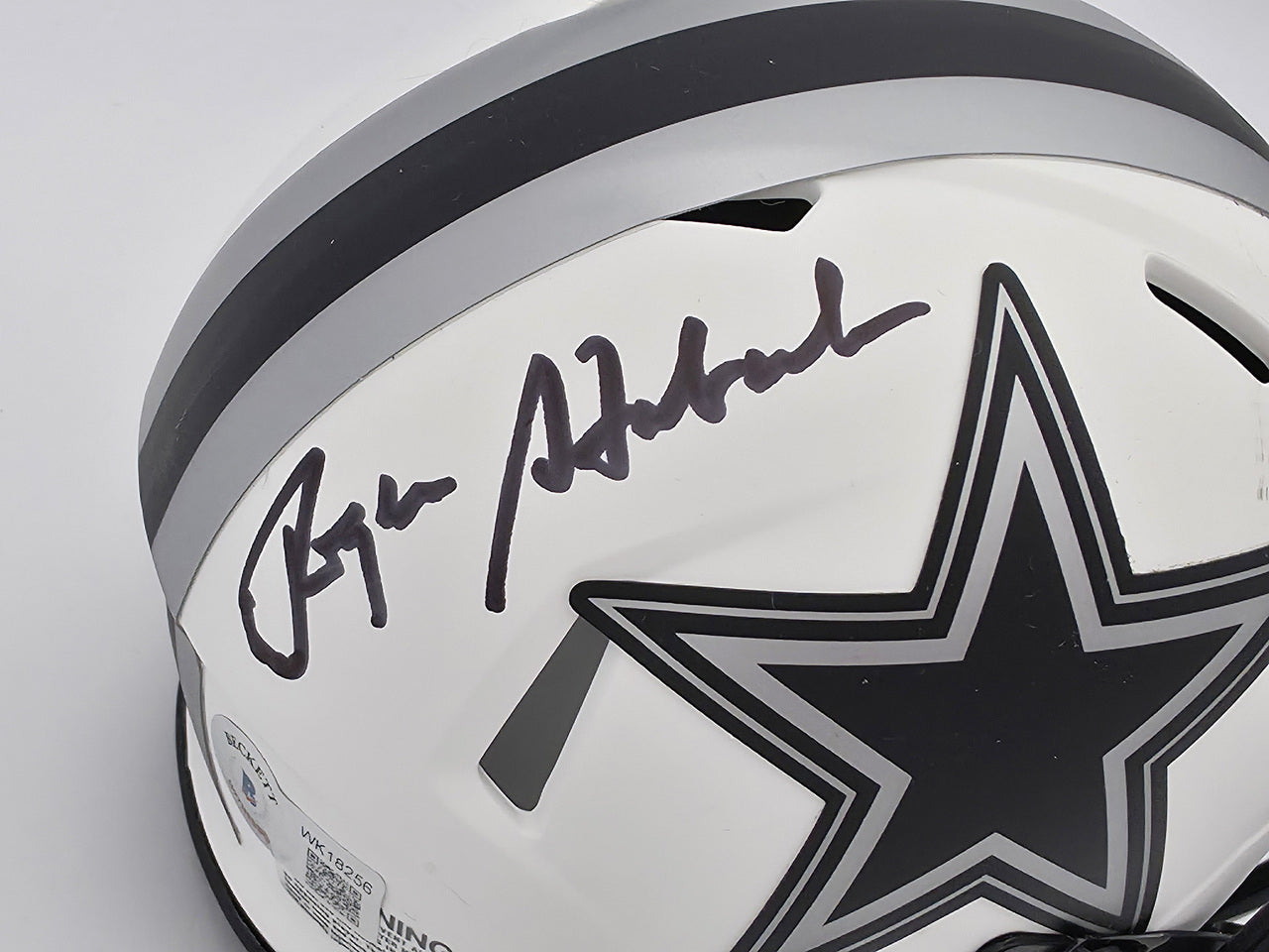 Roger Staubach Autographed Dallas Cowboys Lunar Eclipse White Speed Mini Helmet Beckett BAS Witness #WK18256