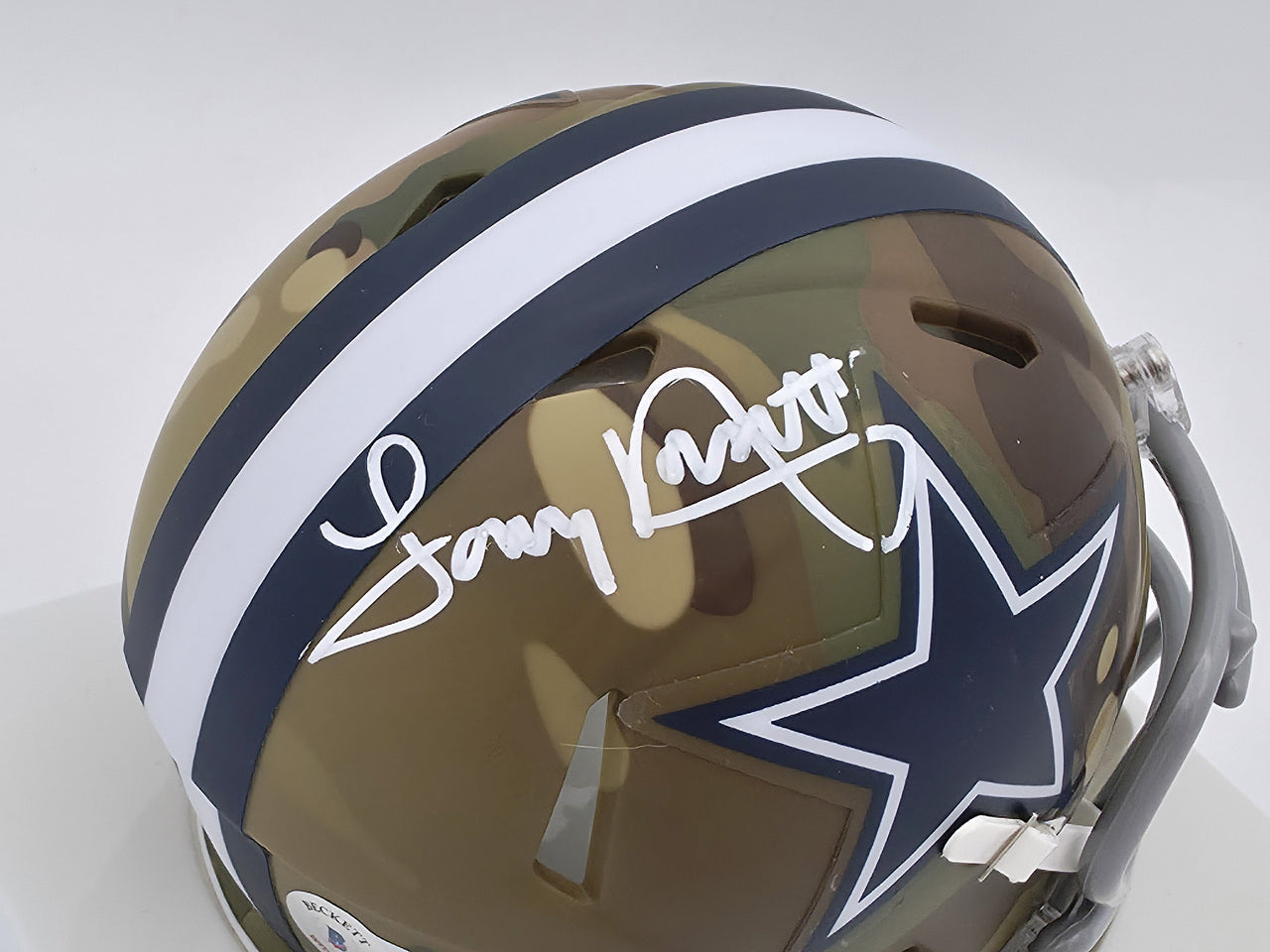 Tony Dorsett Autographed Dallas Cowboys Camo Brown Speed Mini Helmet Beckett BAS Witness #WY84410