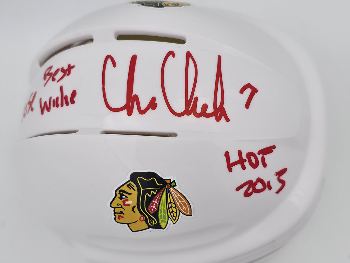 Chris Chelios Autographed Chicago Blackhawks White Speed Mini Helmet "To Jose Best Wishes HOF 2013" Beckett BAS QR #BS30487