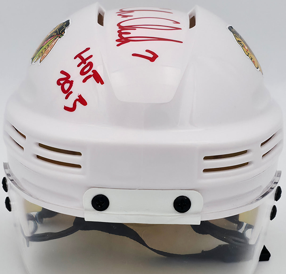 Chris Chelios Autographed Chicago Blackhawks White Speed Mini Helmet "To Jose Best Wishes HOF 2013" Beckett BAS QR #BS30487