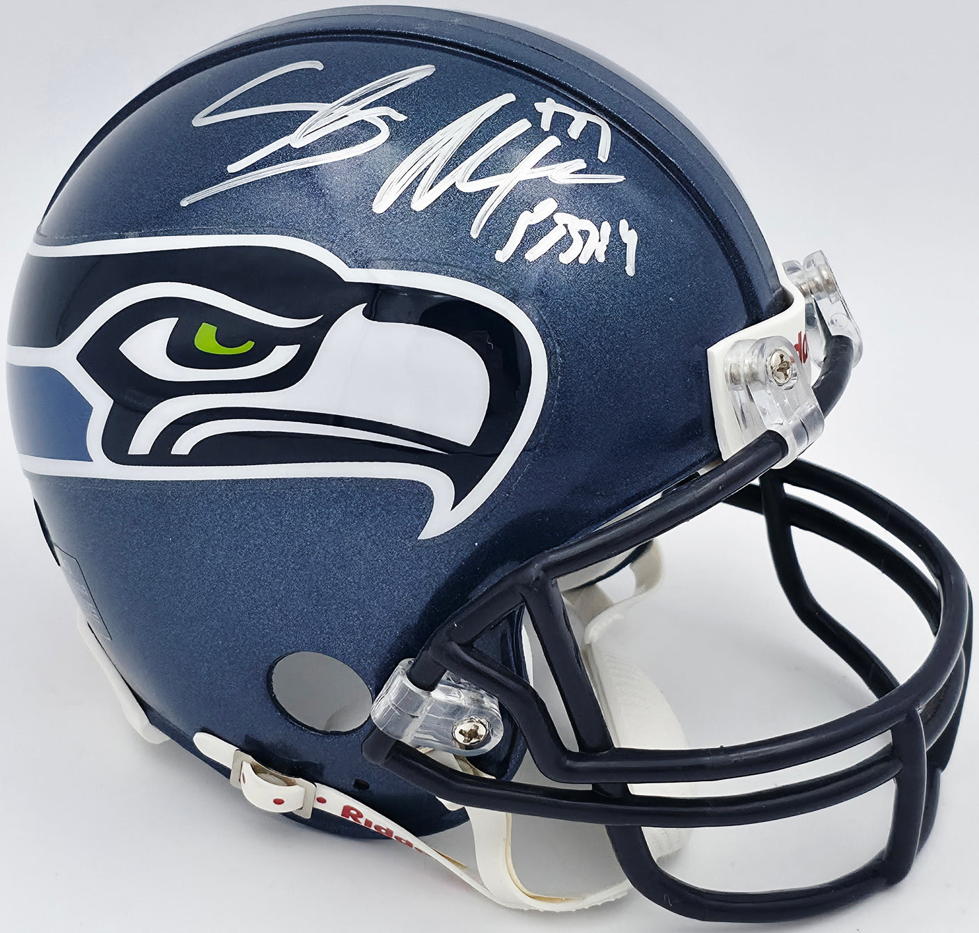 Shaun Alexander Autographed Seattle Seahawks Blue Mini Helmet Beckett BAS QR #BS30349