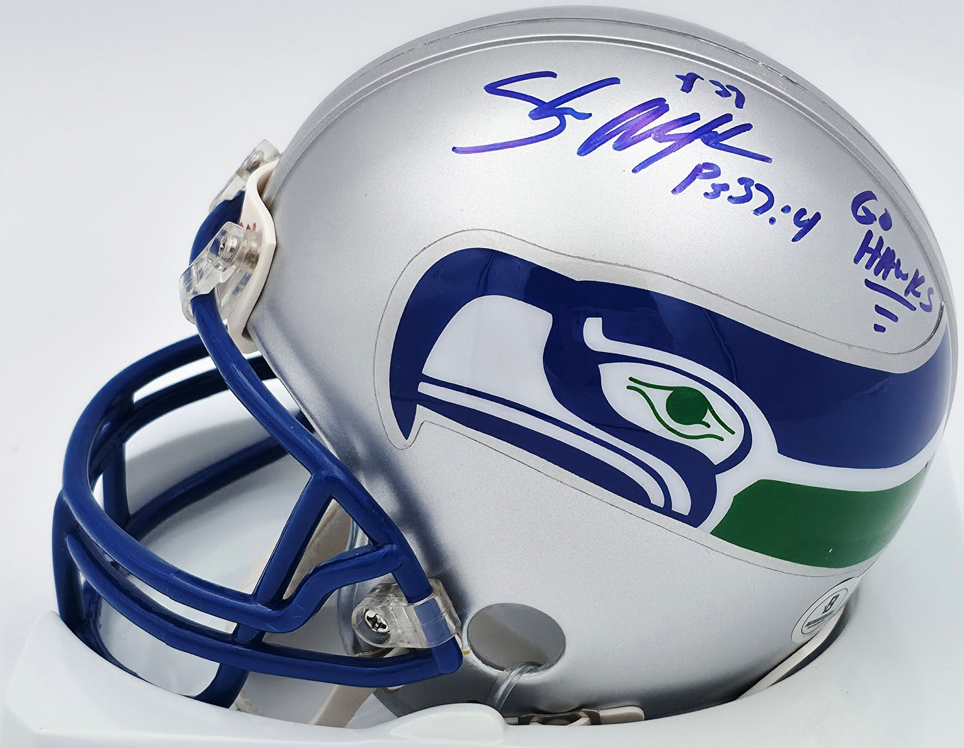 Shaun Alexander Autographed Seattle Seahawks Throwback Silver Mini Helmet "Go Hawks" Beckett BAS QR #BS30445