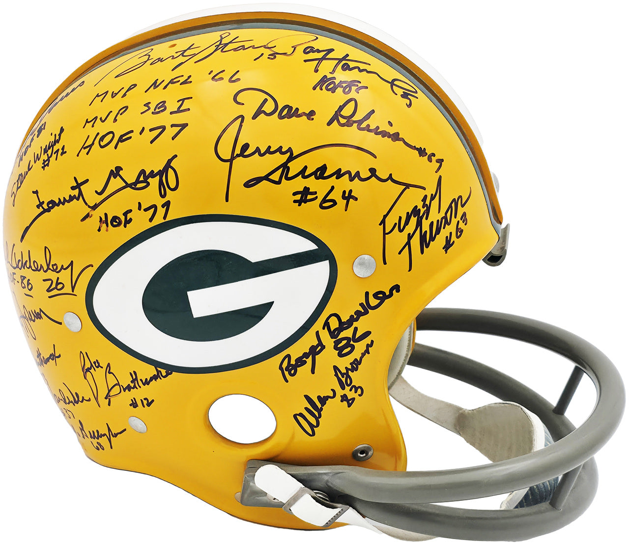 1966 Super Bowl I Champions Green Bay Packers Team Autographed Yellow Full Size Replica Helmet With 32 Signatures Including Bart Starr & Jim Taylor Beckett BAS #AE16656