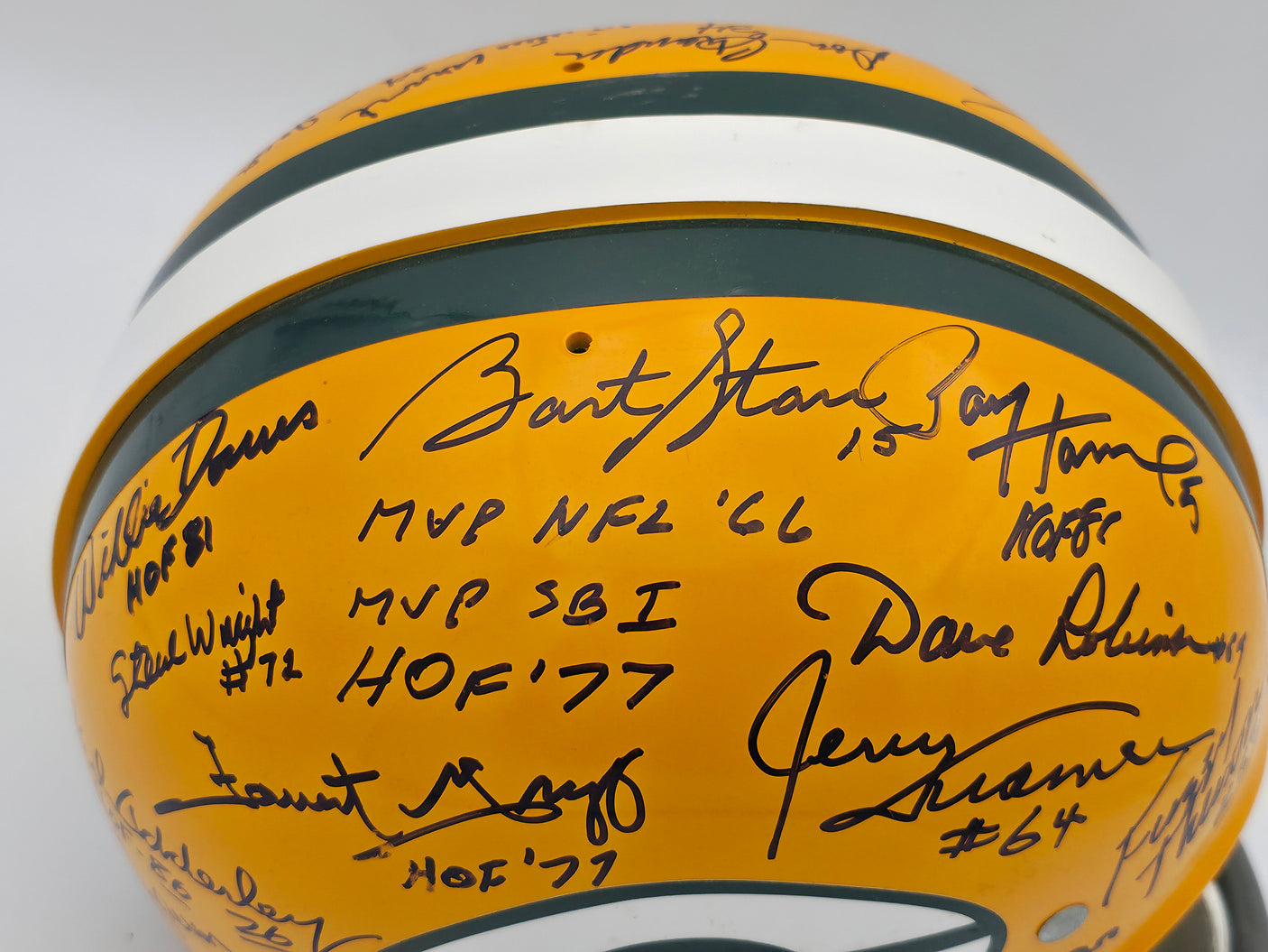 1966 Super Bowl I Champions Green Bay Packers Team Autographed Yellow Full Size Replica Helmet With 32 Signatures Including Bart Starr & Jim Taylor Beckett BAS #AE16656