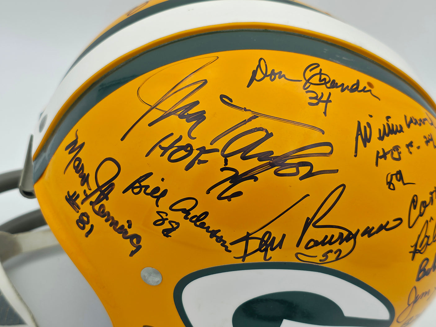 1966 Super Bowl I Champions Green Bay Packers Team Autographed Yellow Full Size Replica Helmet With 32 Signatures Including Bart Starr & Jim Taylor Beckett BAS #AE16656